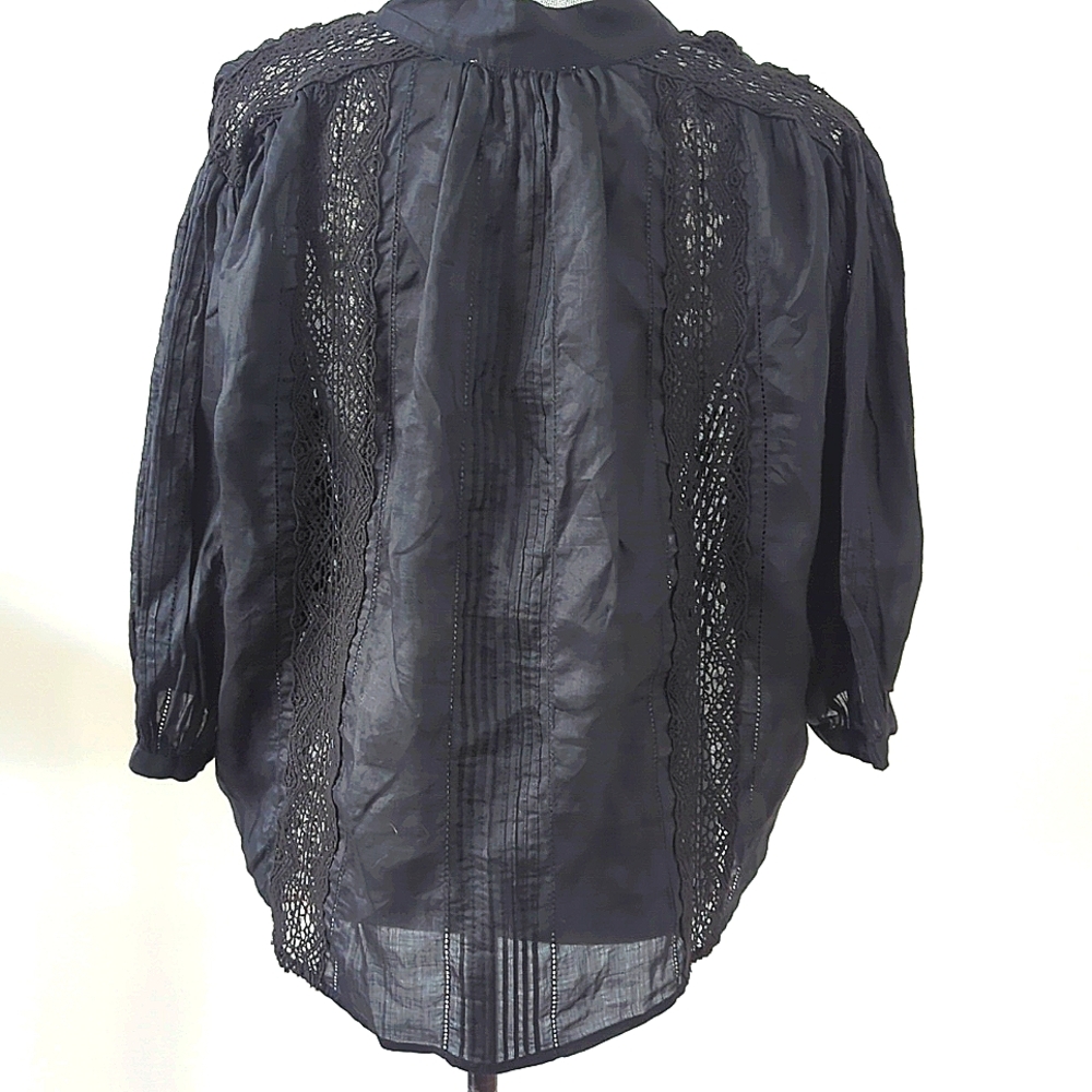 FRAME Cali Lace Popover Blouse Top V neck Black 3/4 sleeve Boho Flowy Fit L - Picture 8 of 14